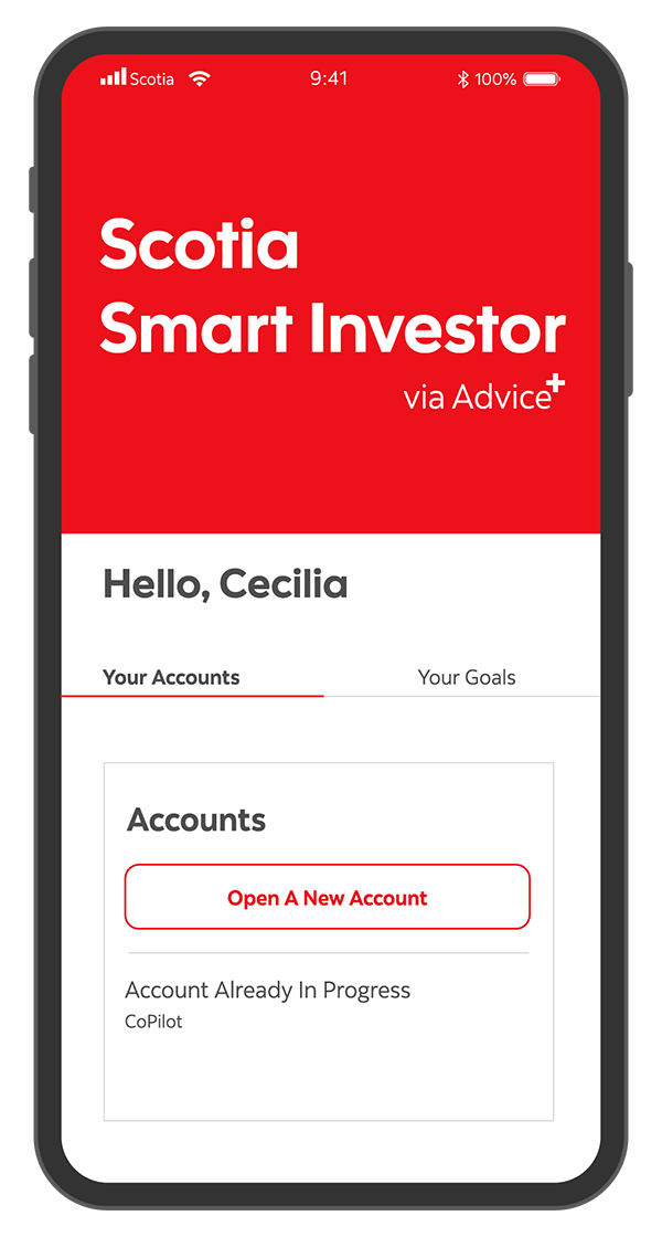Mobile phone showing Scotia Smart Investor home screen